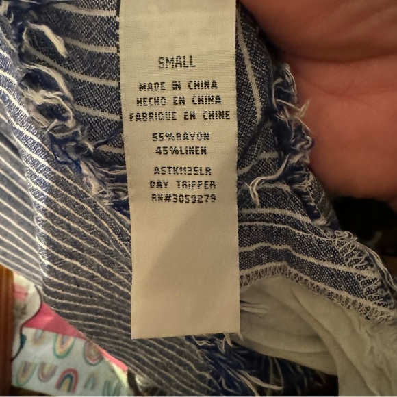 Altar’d state linen blend frayed edge shirt mini dress. Pockets & denim stripe - Picture 14 of 14